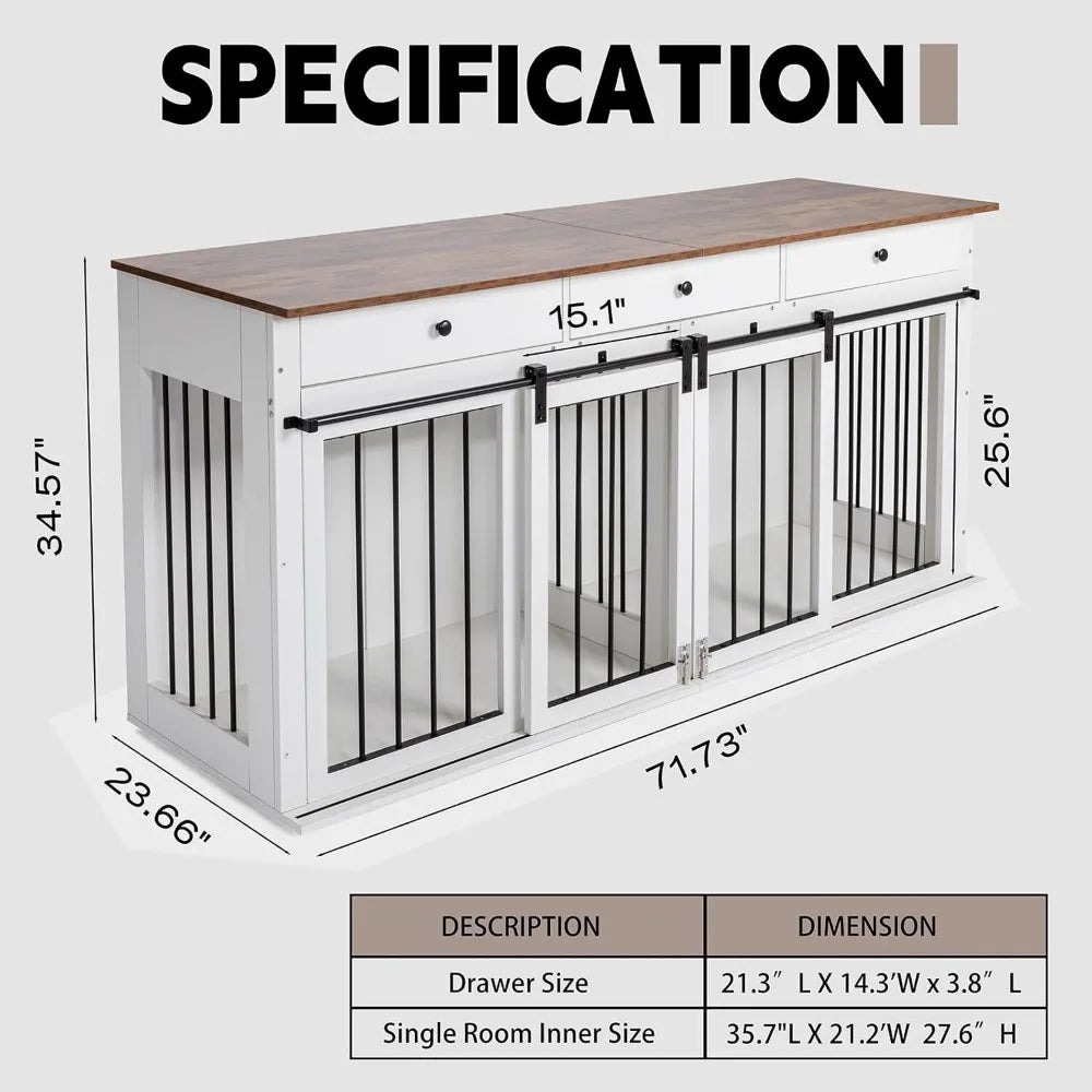 72-Inch Wooden Dog Crate Furniture with Drawers