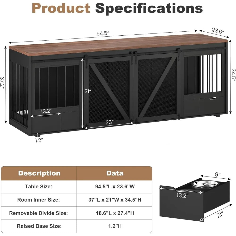 94.5-Inch Double Dog Crate Furniture with Drawers