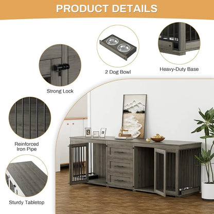 94.5-Inch Double Dog Crate Furniture with Drawers