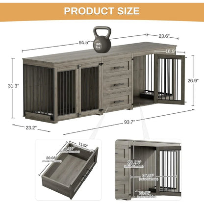 94.5-Inch Double Dog Crate Furniture with Drawers