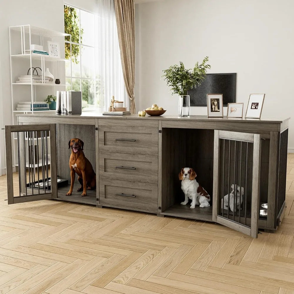 94.5-Inch Double Dog Crate Furniture with Drawers