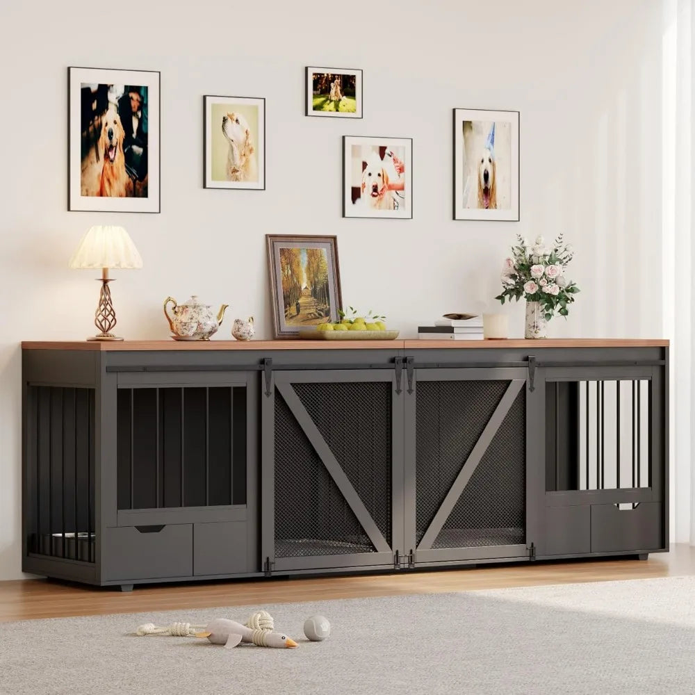 94.5-Inch Double Dog Crate Furniture with Drawers