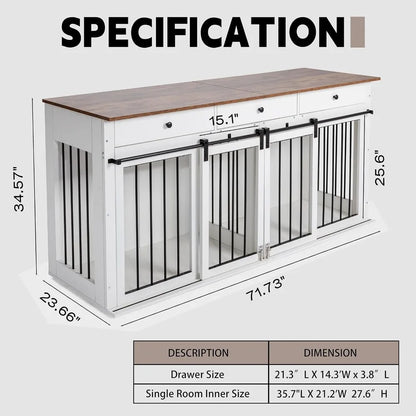 72-Inch Wooden Dog Crate Furniture with Drawers