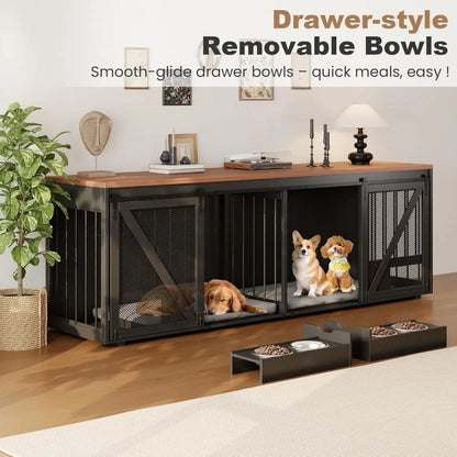 94.5-Inch Double Dog Crate Furniture with Drawers